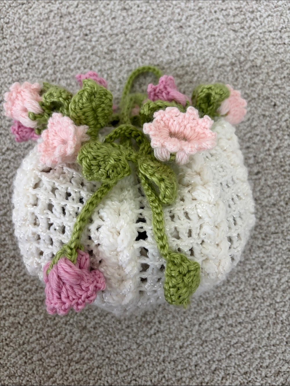 Handmade Crochet Floral Purse - White with Pink & Green